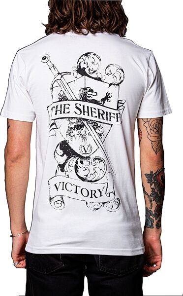 open zoom image for Victory Sheriff T-Shirt, White with Black Logo, Small, Action Position Back
