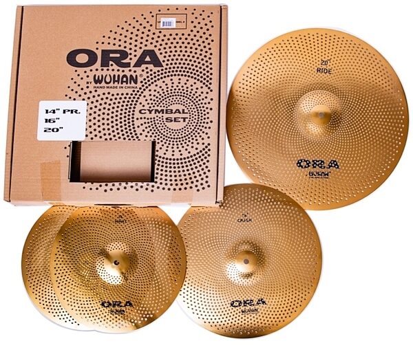open zoom image for Wuhan ORA Reduced Audio Cymbal Set, 14 inch Hi-Hats, 16 inch Crash, 20 inch Ride, main