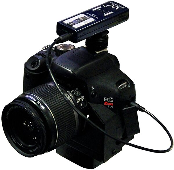 open zoom image for Wi Digital JMWASEL2 AudioStream EL2 Headset/Lavalier Wireless Microphone System, In Use with a Hot Shoemount and Camera