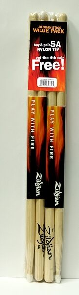 open zoom image for Zildjian 5A Nylon Tip Drumsticks, 4 Pairs (1 Free Pair Included)