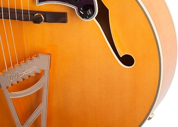 open zoom image for D'Angelico Excel EXL-1 Archtop Hollowbody Electric Guitar (with Case), Natural - F-Hole Closeup