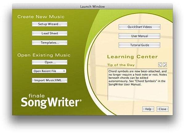 open zoom image for MakeMusic Finale SongWriter 2012 Notation Software, Launch Window