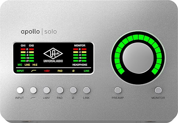 open zoom image for Universal Audio Apollo Solo USB Audio Interface (for Windows), Heritage Edition, Includes 5 extra UAD plug-in collections, Top