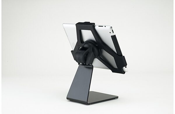 open zoom image for K&M 19752 iPad Table Stand, In Use Landscape Back View