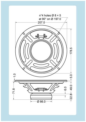 open zoom image for Jensen C8R Vintage Ceramic Guitar Speaker (25 Watts, 8"), Construction Diagram