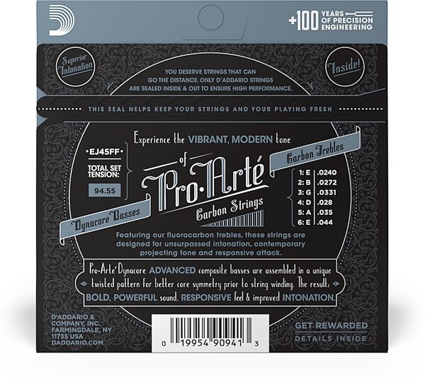 open zoom image for D'Addario Pro-Arte Carbon Classical Guitar Strings, Dynacore Basses, Normal Tension, EJ45FF, Action Position Back