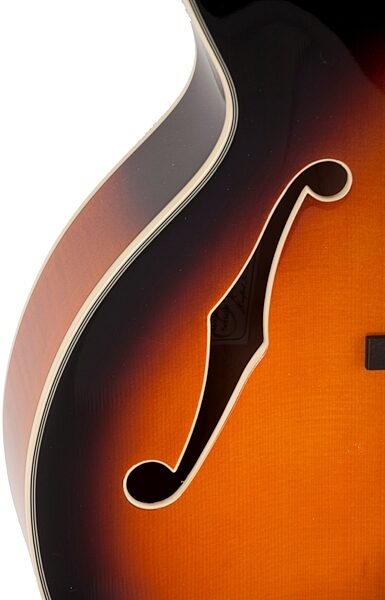 open zoom image for D'Angelico Excel EXL-1 Archtop Hollowbody Electric Guitar (with Case), Vintage Sunburst - F-Hole Closeup