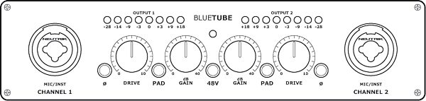 open zoom image for PreSonus BlueTube Stereo Tube Microphone Preamplifier with Instrument Input, Diagram Front