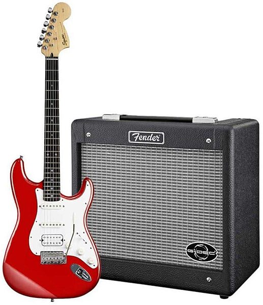 open zoom image for Squier Stop Dreaming Start Playing Affinity Strat HSS Electric Guitar Package with G-DEC Amplifier, Red
