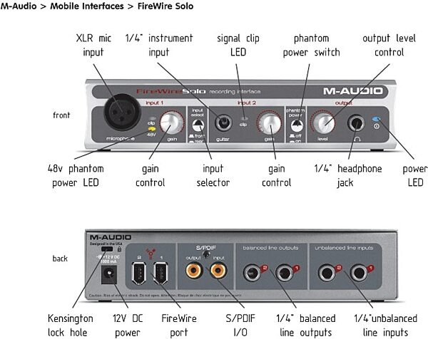 open zoom image for M-Audio Firewire Solo Audio Interface, Features Diagram