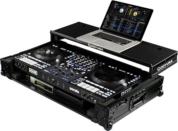open zoom image for Odyssey Rane Four 1U-Flight Case with Glide Style Laptop Platform and Wheels, Black Label, Action Position Back