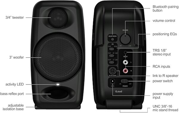 open zoom image for IK Multimedia iLoud Micro Monitors Pair with Bluetooth, Black, Pair, Diagram