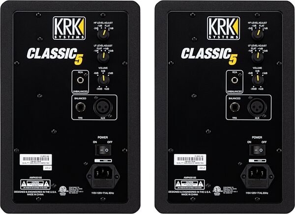 open zoom image for KRK Classic 5 Professional Active 2-Way Studio Monitor, Studio Monitor Pack, with 2x KRK Classic 5 monitors, 2x 10-foot XLR cables, 2x foam wedge isolation pads, Action Position Back