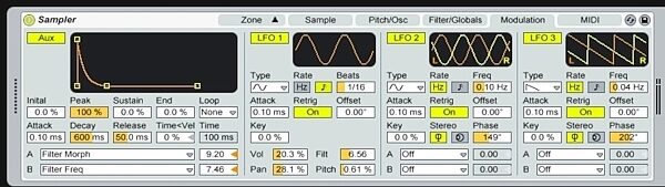 open zoom image for Ableton Live 8 Music Production Software (Macintosh and Windows), Screenshot - Sampler -- Modulations