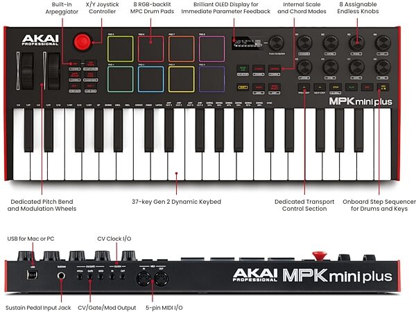 open zoom image for Akai MPK Mini Plus USB MIDI Keyboard Controller, 37-Key, New, Diagram