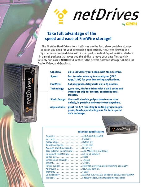 open zoom image for Glyph Net Drives Firewire Hard Drive (80GB), Spec Sheet