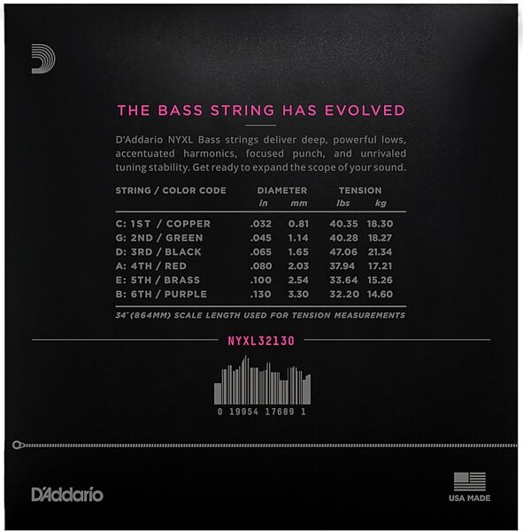 open zoom image for D'Addario NYXL 6-String Electric Bass String Pack, Light, 32-130, Long Scale, Action Position Back