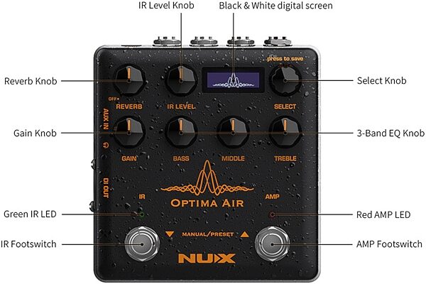 open zoom image for NUX NAI-5 Optima Air Acoustic Guitar Simulator Pedal, New, Action Position Back