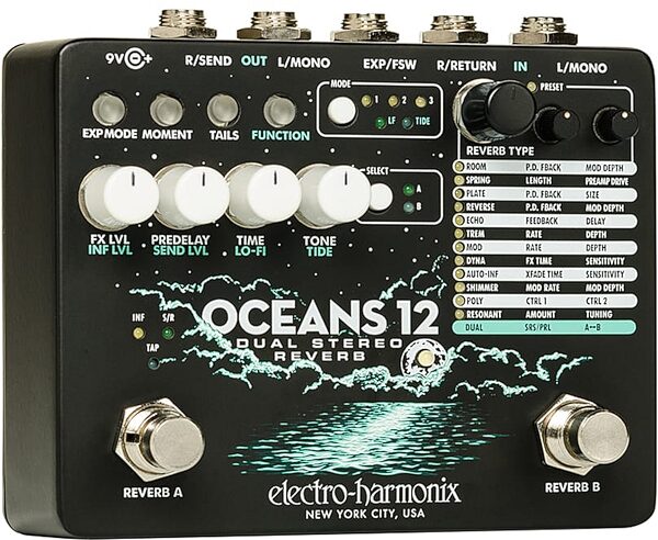 open zoom image for Electro-Harmonix Oceans 12 Dual-Stereo Reverb Pedal, New, Action Position Back