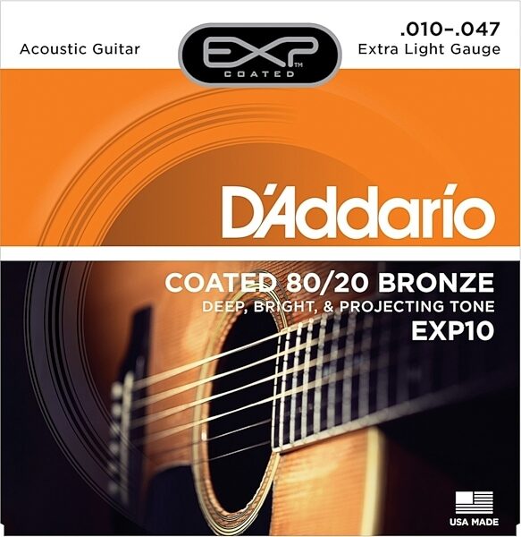 open zoom image for D'Addario EXP10 Coated 8020 Bronze Acoustic Strings (Extra Light, 10-47), Main