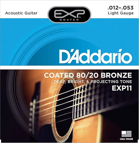 open zoom image for D'Addario EXP11 Coated 8020 Bronze Acoustic Strings (Light, 12-53), Main