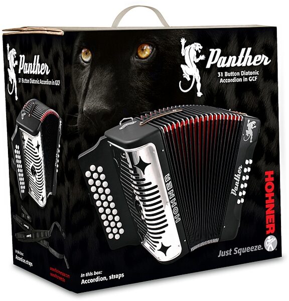 open zoom image for Hohner Panther Diatonic Accordion, Black, 3100GB, Key Combination G/C/F, Open Box (Like New), Box