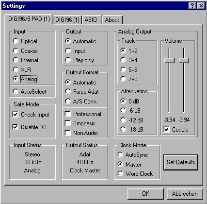 open zoom image for RME DIGI96/8 PAD 24/96K PCI Card, Settings Dialog