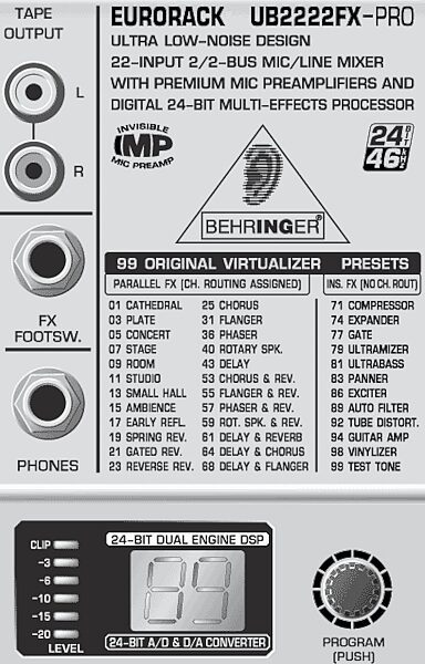 open zoom image for Behringer UB2222FX Pro Eurorack 22 Input Mixer with FX, Effect