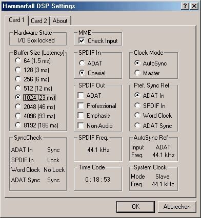 open zoom image for RME Multiface Hammerfall DSP 24/96K Interface, Settings Dialog