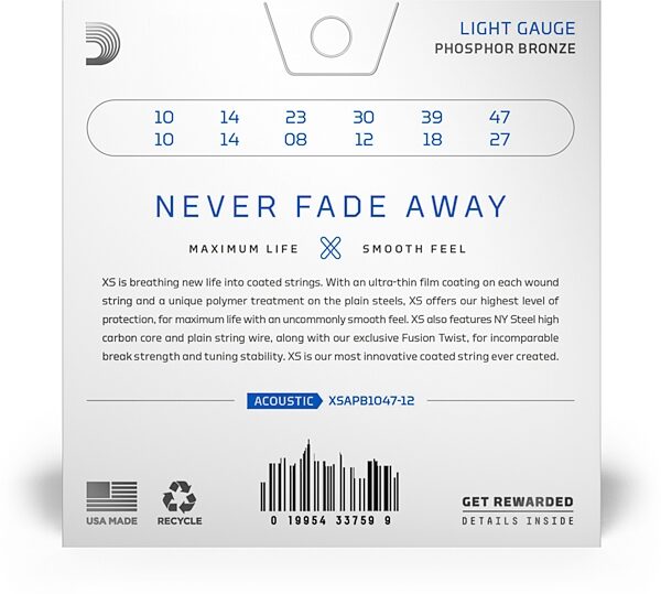 open zoom image for D'Addario XSAPB XS 12-String Acoustic Guitar String Pack, 10-47, Action Position Back