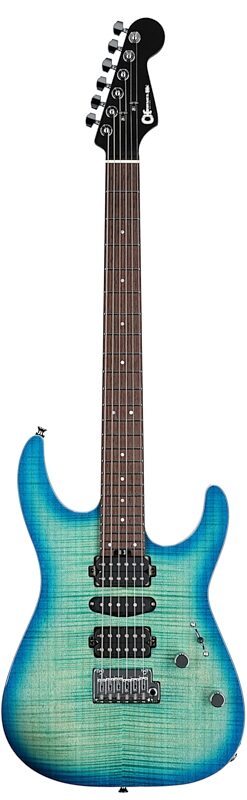 open zoom image for Charvel MJ DK24 HSH 2PT W Mahogany Electric Guitar (with Gig Bag), Flame Top Caribbean Burst, Serial Number JDC2400451, Full Straight Front