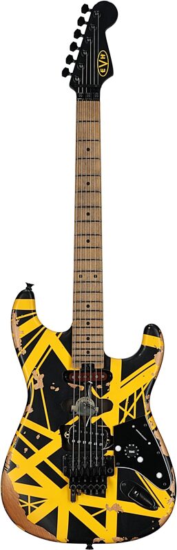 open zoom image for EVH Eddie Van Halen Limited Edition Striped Frankie Electric Guitar (with Gig Bag), Aged Black and Yellow Striped, Full Straight Front