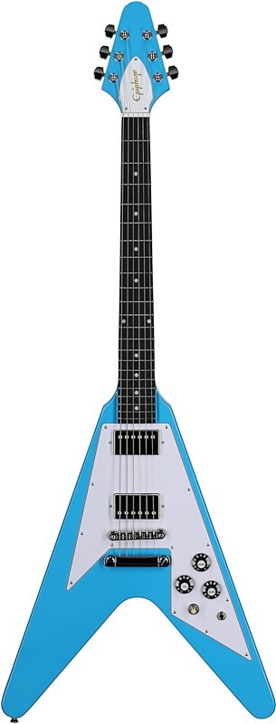 open zoom image for Epiphone Inspired by Gibson Flying V '70s Electric Guitar (with Gig Bag), Maui Blue, Full Straight Front