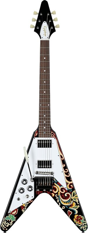 open zoom image for Epiphone Jimi Hendrix "Love Drops" Flying V Electric Guitar, Left-Handed (with Case), New, Full Straight Front