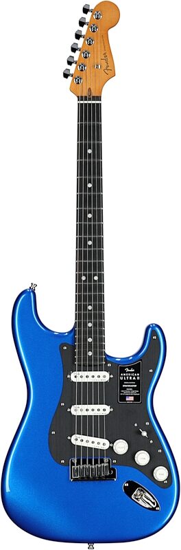 open zoom image for Fender American Ultra II Stratocaster Electric Guitar, Ebony Fingerboard (with Case), Noble Blue, Full Straight Front