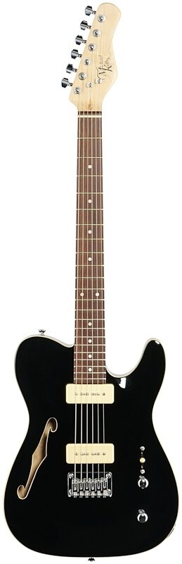 open zoom image for Michael Kelly 59 Thinline Electric Guitar, Natural Top, Gloss Black, Full Straight Front