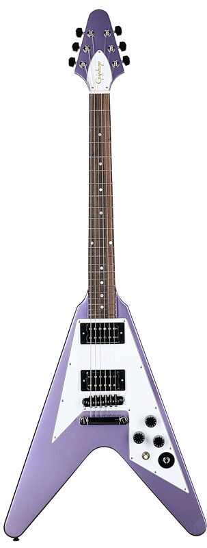 open zoom image for Epiphone Kirk Hammett 1979 Flying V Electric Guitar (with Hard Case), Purple Metallic, Full Straight Front