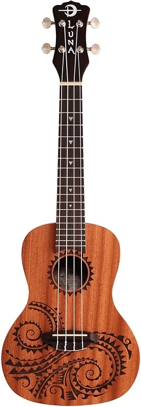 open zoom image for Luna Concert Tattoo Mahogany Ukulele with Gig Bag, New, Full Straight Front