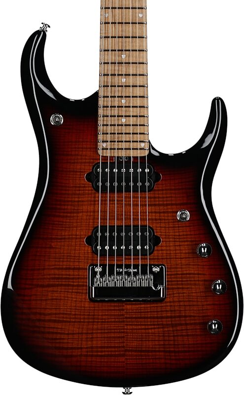 open zoom image for Ernie Ball Music Man John Petrucci JP15 7 Electric Guitar, 7-String (with Case), Tiger Eye Flame, Maple Fretboard, Serial Number K00774, Body Straight Front
