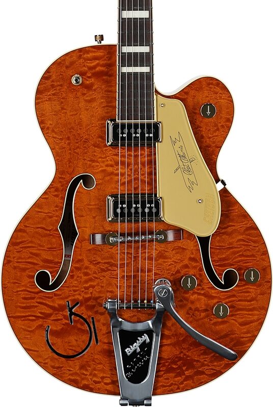 open zoom image for Gretsch G6120TGQM-56 Limited Edition Quilt Classic Hollow Body Electric Guitar (with Case), Roundup Orange Stain Lacquer, Serial Number JT24040949, Body Straight Front
