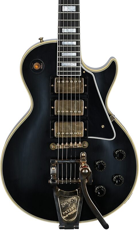 open zoom image for Gibson Custom '57 Les Paul Custom Black Beauty Electric Guitar (with Case), Ebony, with Bigsby, Serial Number 742435, Body Straight Front