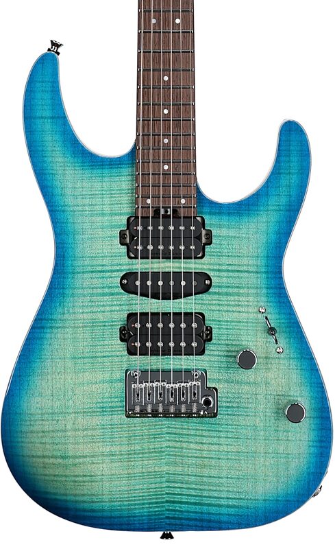 open zoom image for Charvel MJ DK24 HSH 2PT W Mahogany Electric Guitar (with Gig Bag), Flame Top Caribbean Burst, Serial Number JDC2400451, Body Straight Front