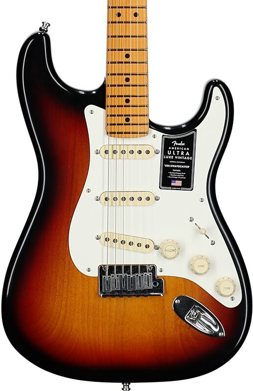 open zoom image for Fender American Ultra Luxe Vintage '50s Stratocaster Electric Guitar, with Maple Fingerboard (with Case), 3-Color Sunburst, Serial Number US25004588, Body Straight Front