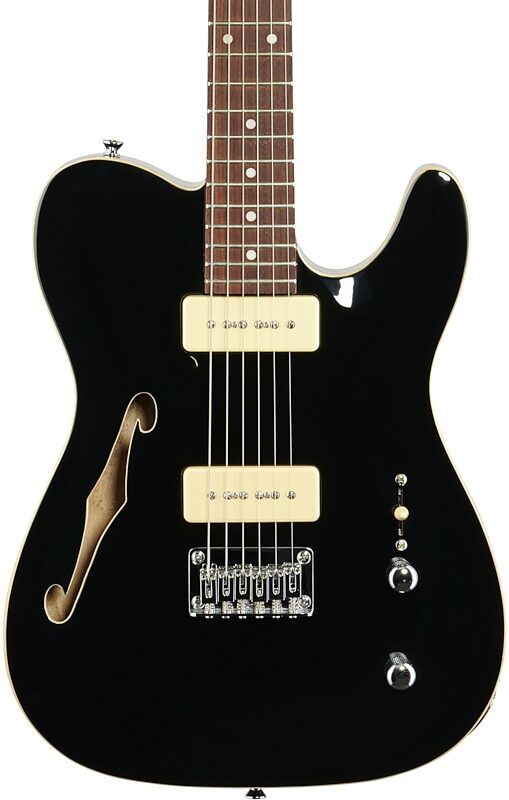 open zoom image for Michael Kelly 59 Thinline Electric Guitar, Natural Top, Gloss Black, Body Straight Front