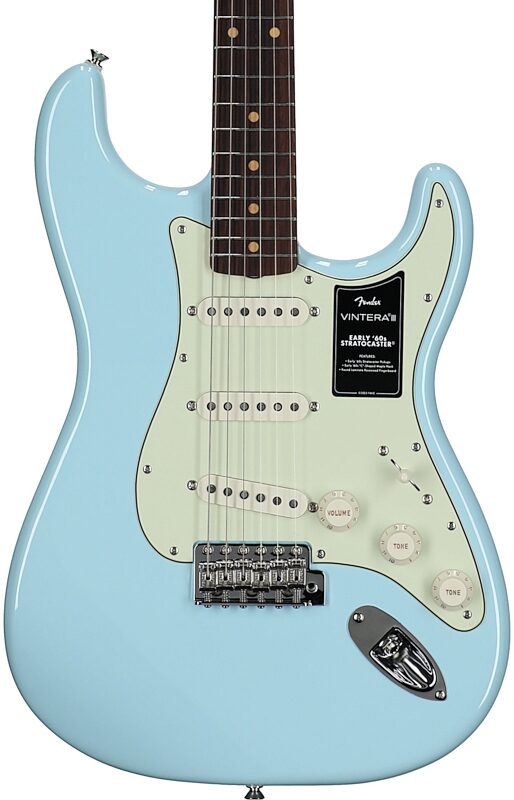 open zoom image for Fender Vintera III Early 60s Stratocaster Electric Guitar (with Gig Bag), Sonic Blue, Rosewood Fretboard, Body Straight Front