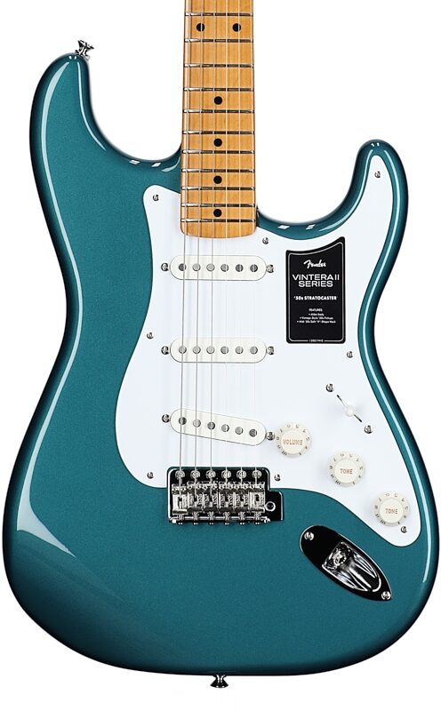 open zoom image for Fender Vintera II '50s Stratocaster Electric Guitar, Maple Fingerboard (with Gig Bag), Ocean Turquoise, Body Straight Front
