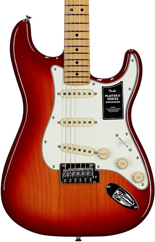open zoom image for Fender Player II Stratocaster Chambered Ash Electric Guitar, Maple Fingerboard, Cherry Burst, Body Straight Front