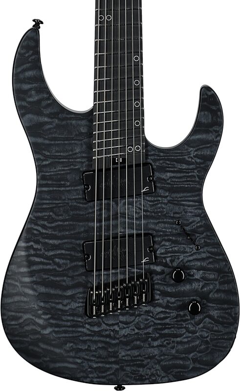 open zoom image for Legator Ninja 7 Multi-Scale Guitar, Black Quilted Maple, Body Straight Front