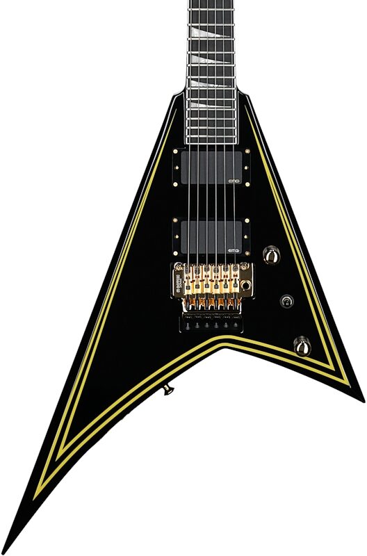 open zoom image for Jackson MJ Rhoads RR24MG Electric Guitar (with Case), Black with Yellow Pinstripes, Body Straight Front