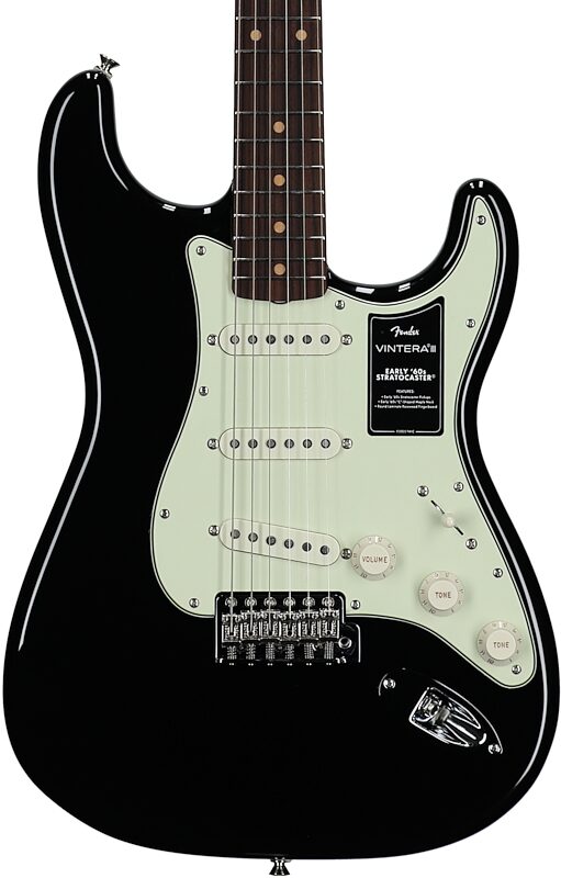 open zoom image for Fender Vintera III Early 60s Stratocaster Electric Guitar (with Gig Bag), Black, Rosewood Fretboard, Body Straight Front